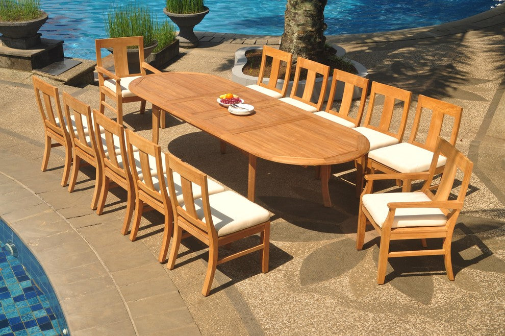 13-Piece Outdoor Teak Dining Set, 117" Extension Oval Table, 12 Osbo Chairs