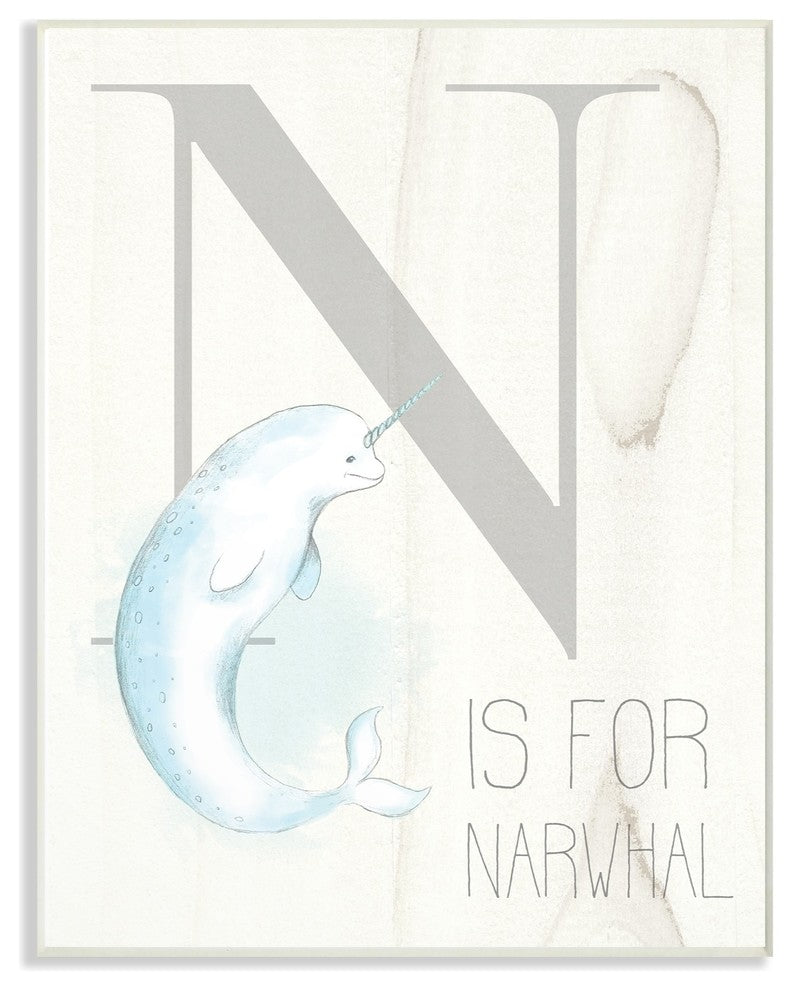 The Kids Room Gray Blue & White N is for Narwhal Illustration Wall Art, 13"x19"