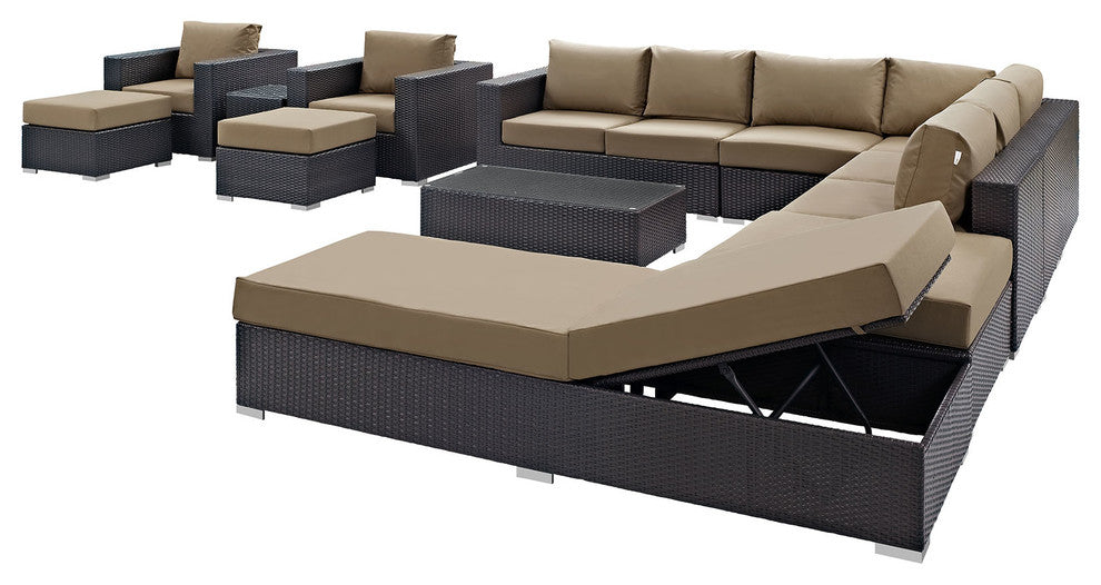 Modway Convene 12 Piece Outdoor Patio Sectional Set, Espresso Mocha