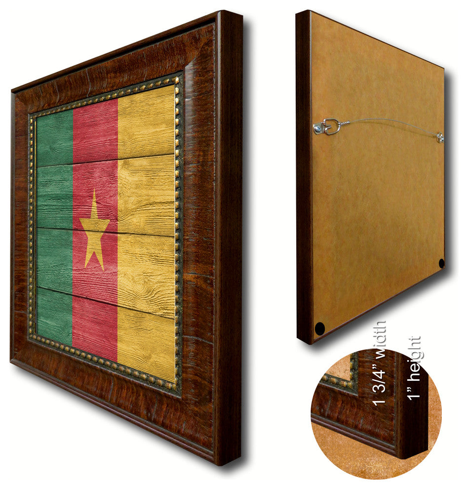 Cameroon Country Textured Flag Print With Brown Gold Frame, 15"X21"