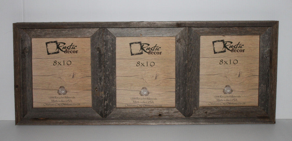 Crockett Reclaimed Rustic Barn Wood Triple Photo Frame, 8"x10"
