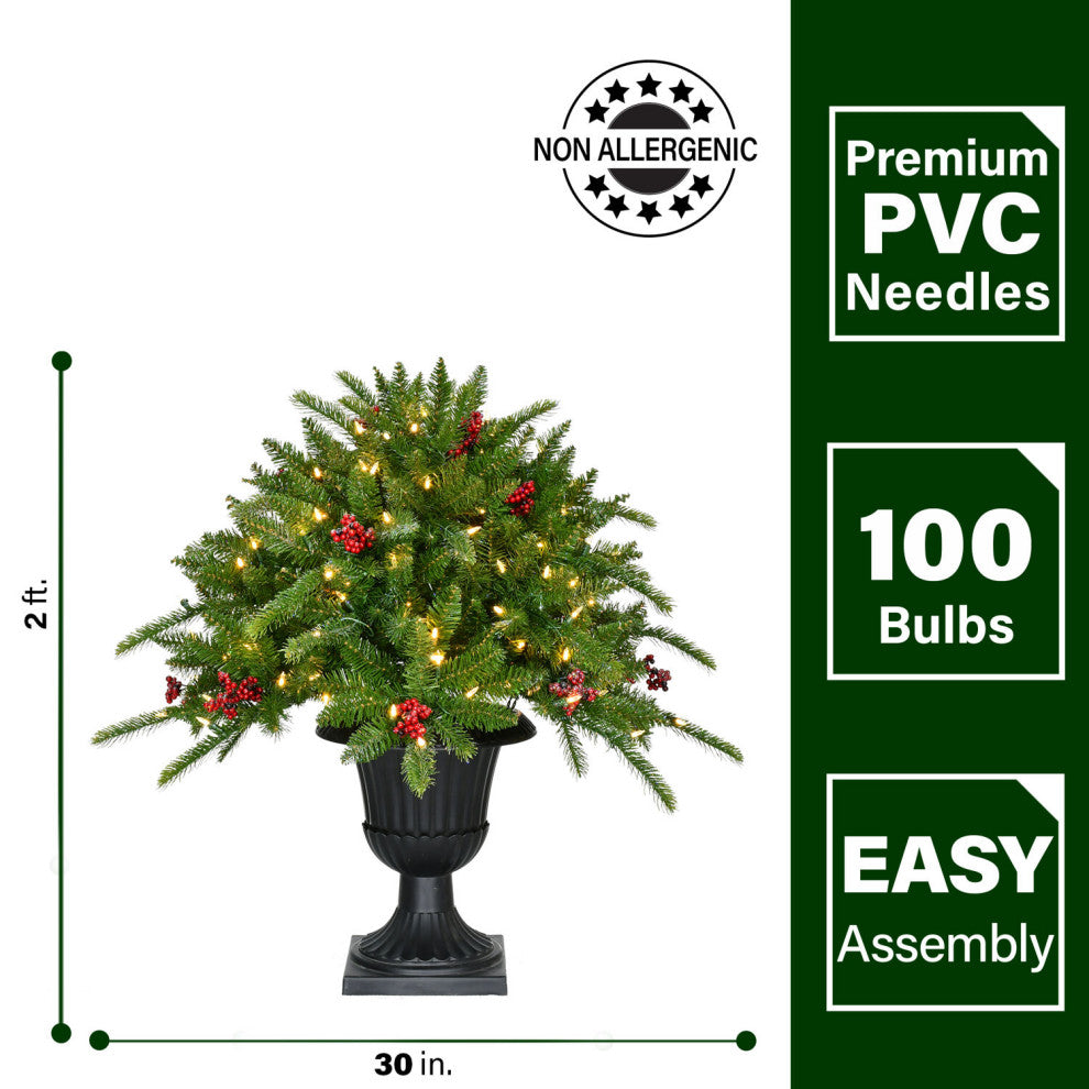 Porch Tree, Black Pot With Red Berries and Warm White Lights, 2 Feet
