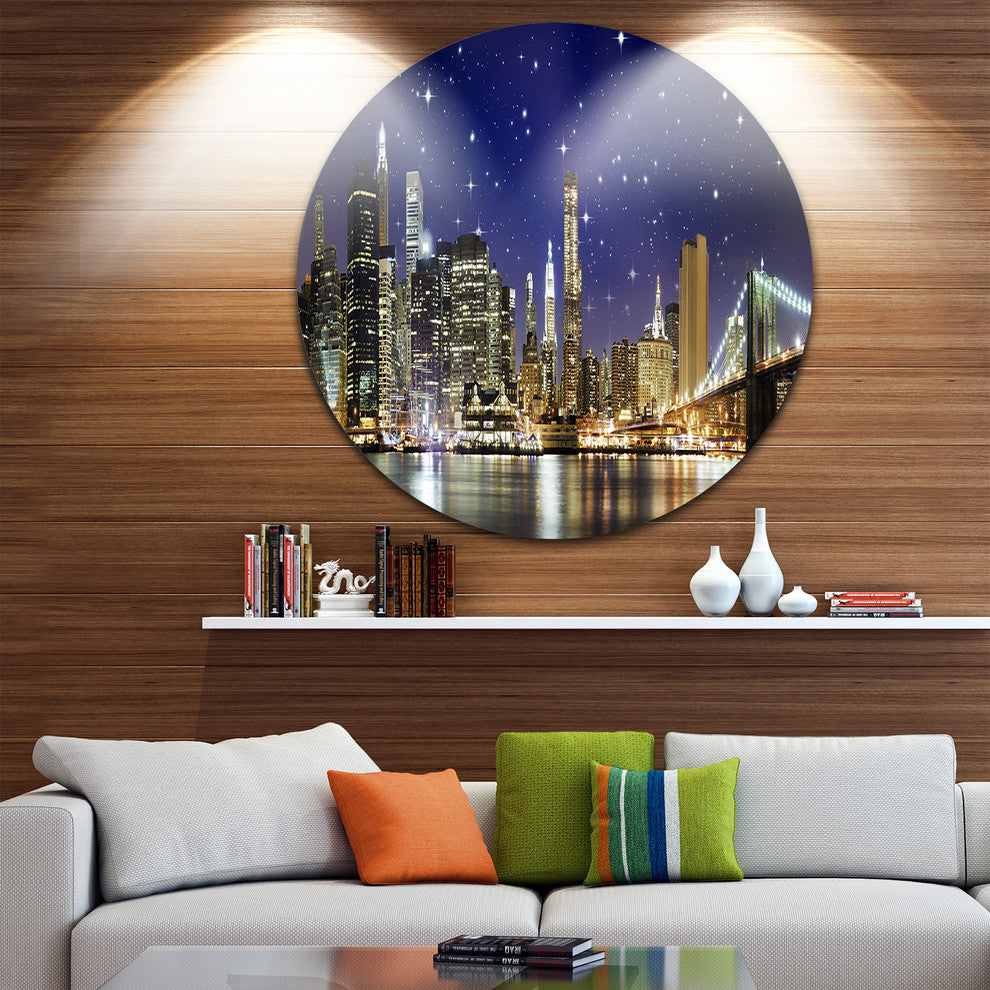 Night Colors Over Brooklyn Bridge, Cityscape Disc Metal Artwork, 23"