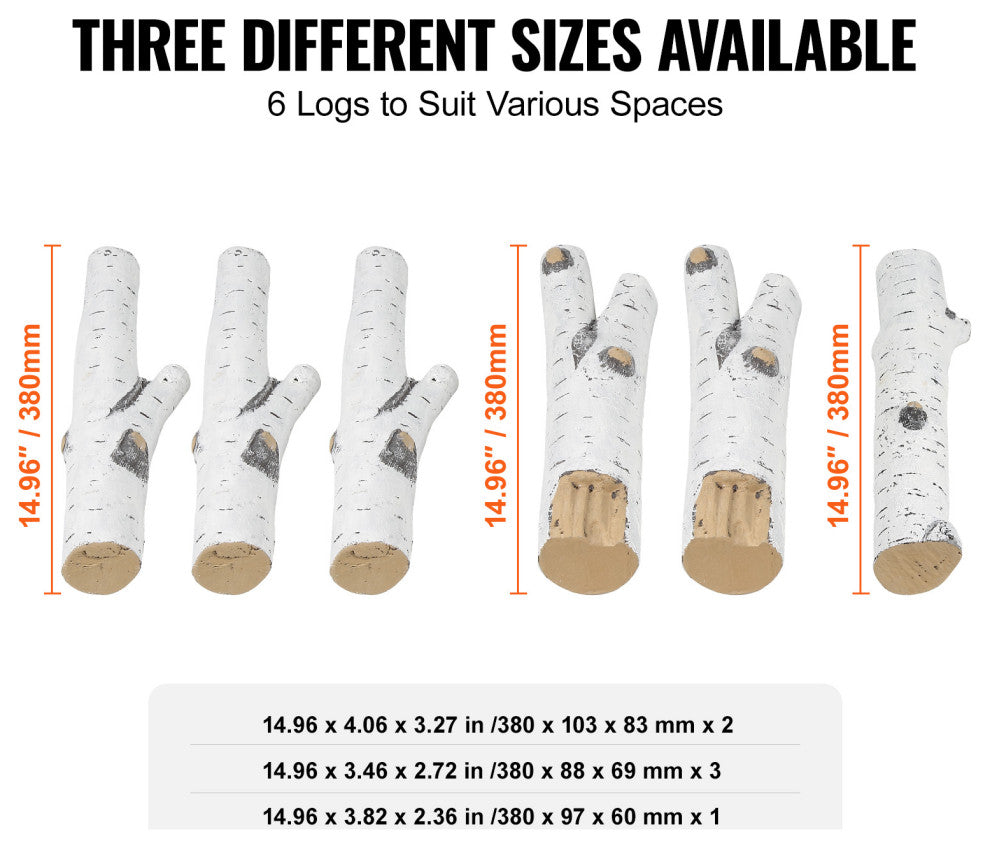 VEVOR 6 Pcs Large Withe Birch Logs Gas Fireplace Ceramic Logs Decorative