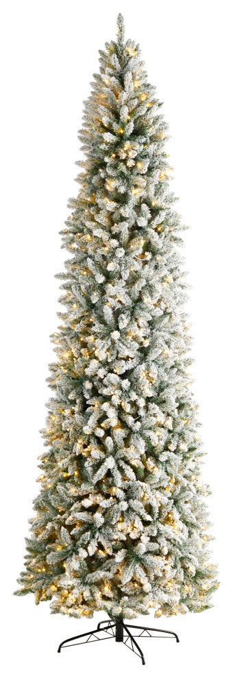 10' Slim Flocked Montreal Fir Artificial Christmas Tree, 800 White LED Lights