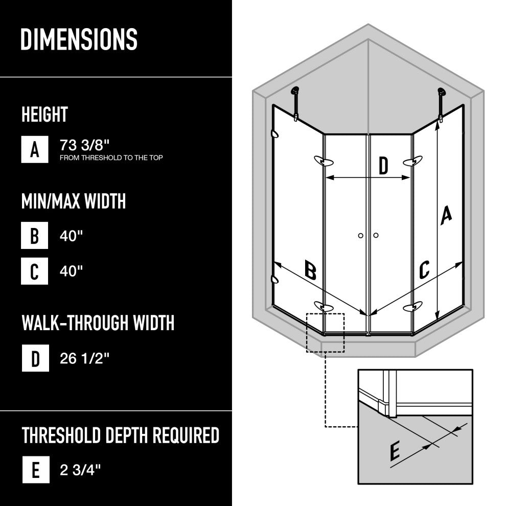 VIGO Gemini Frameless Hinged Neo-Angle Shower Enclosure, Chrome, 42" D X 42" W, Low Base