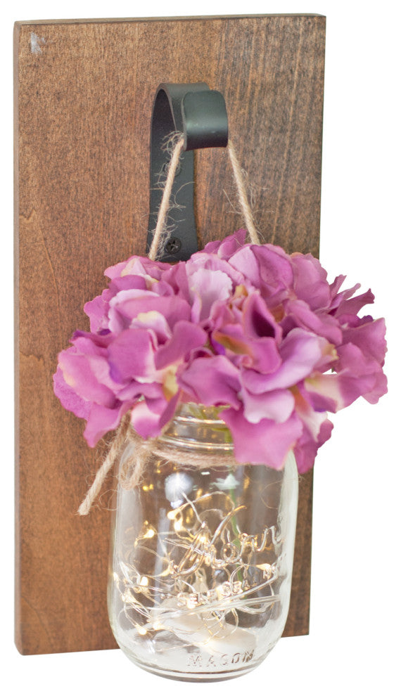 Mason Jar Sconce Wall Decor Walnut Color Purple Flower Wide Hook with Lighting