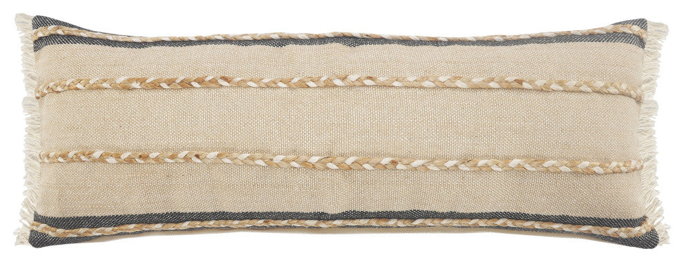Atlantis Black and Taupe Throw Pillow with Jute Braiding and Fringe, 14" X 36"