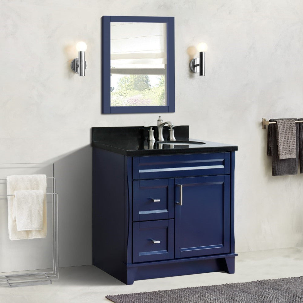 37" Single Sink Vanity, Blue Finish With Black Galaxy Granite