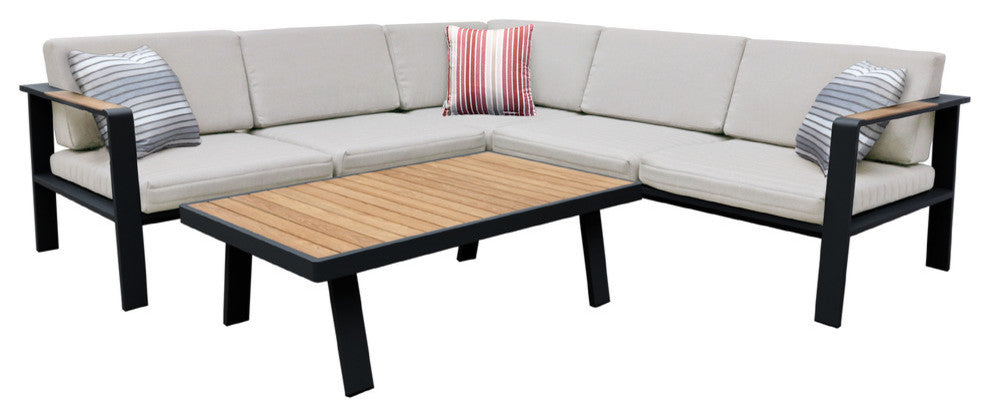 Armen Living Nofi Outdoor Sectional Set, Charcoal Finish With Taupe Cushions