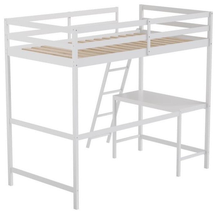 Riley Loft Bed Frame with Desk, Frame, Guard Rails & Ladder for Kids and Teens, White, Twin