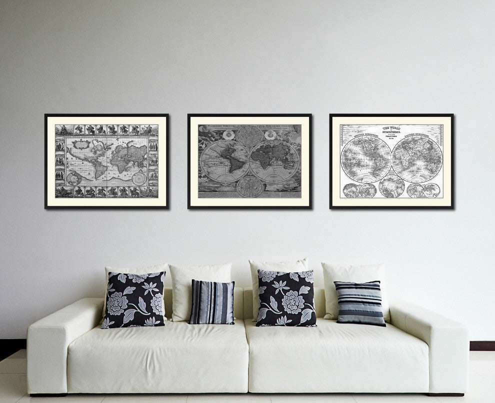 World Vintage Map Print On Canvas With Black Custom Frame, 28" X 37"