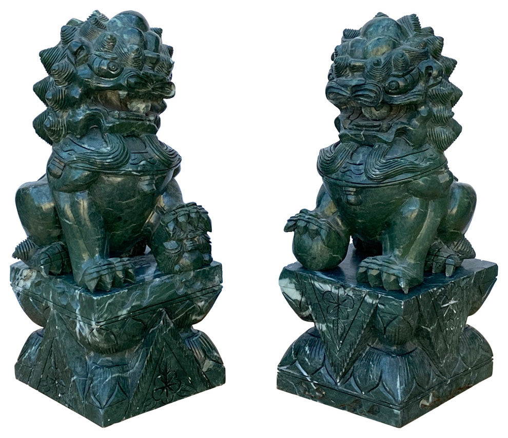 Pair Chinese Green Stone Fengshui Fortune Foo Dog Lion Display Figures Hws1642