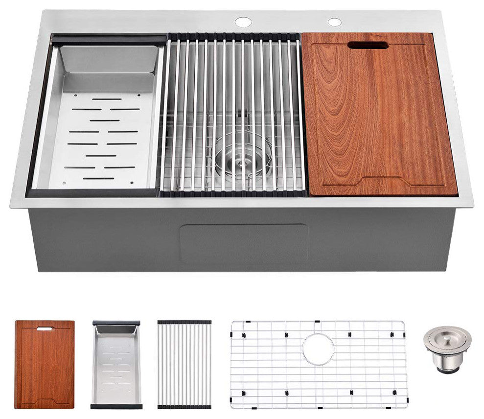 33" L X 22" W Premium Stainless Steel Kitchen Sink, Brushed Nickel