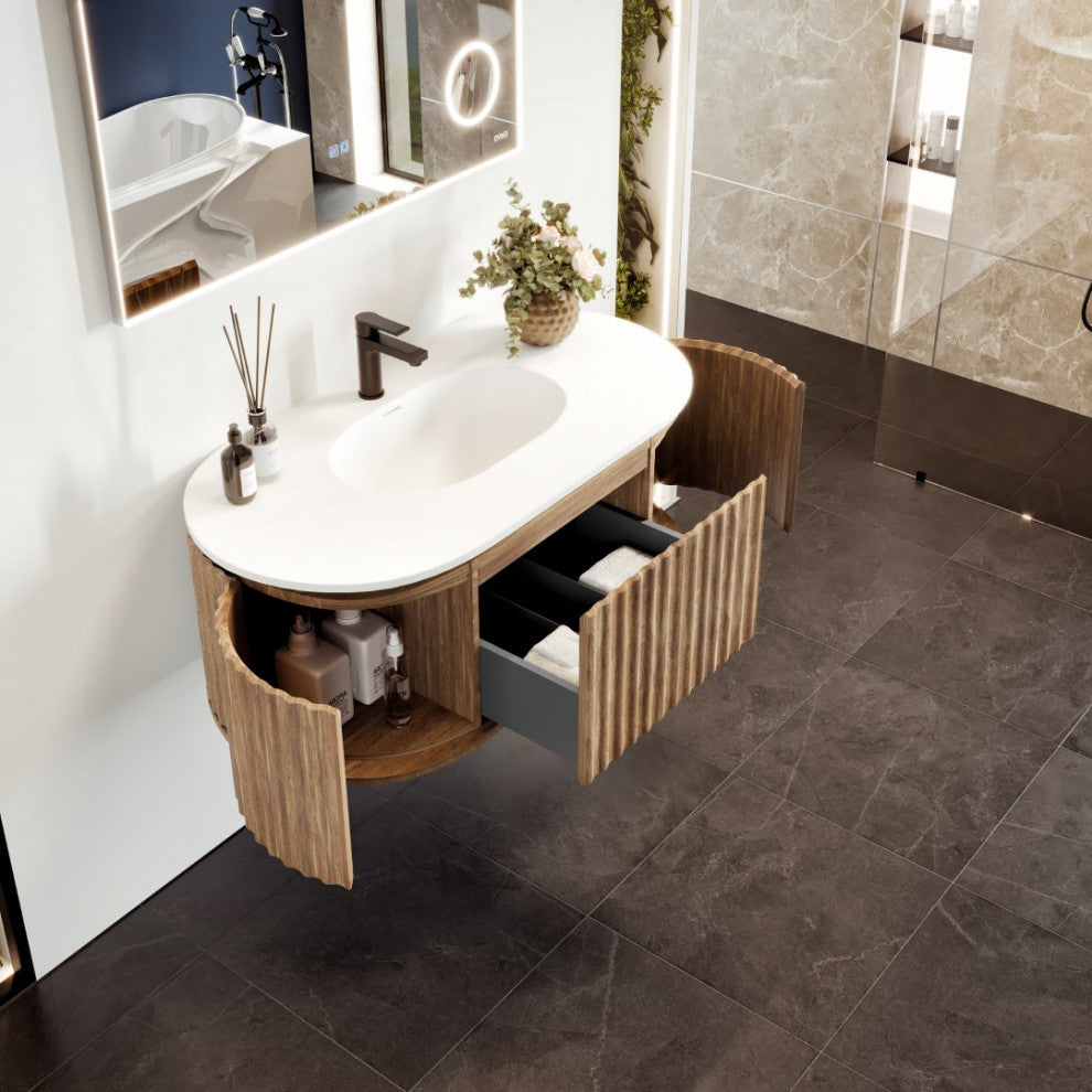 Eviva Haven 39" Medium Oak Wall Mount Vanity, White Solid Surface Integrated Top