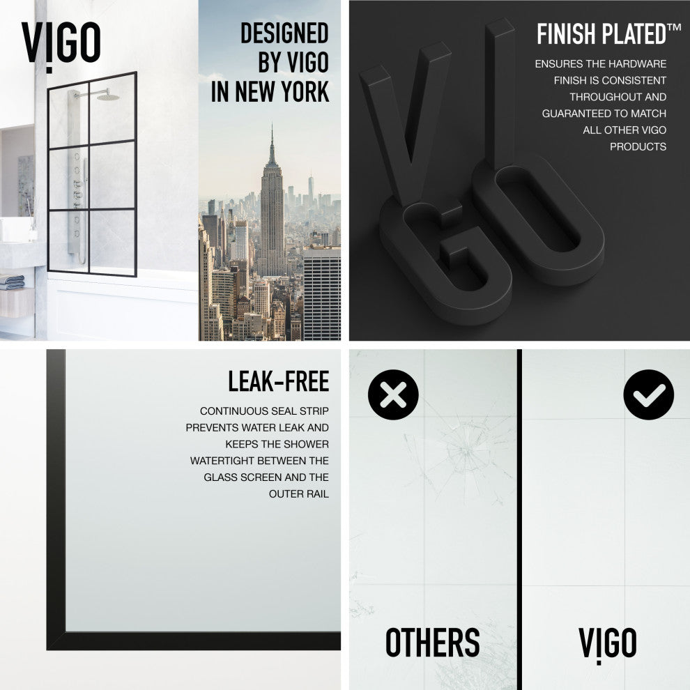 VIGO Ventana 34" W x 62" H Framed Fixed Tub Screen in Matte Black, Clear Glass