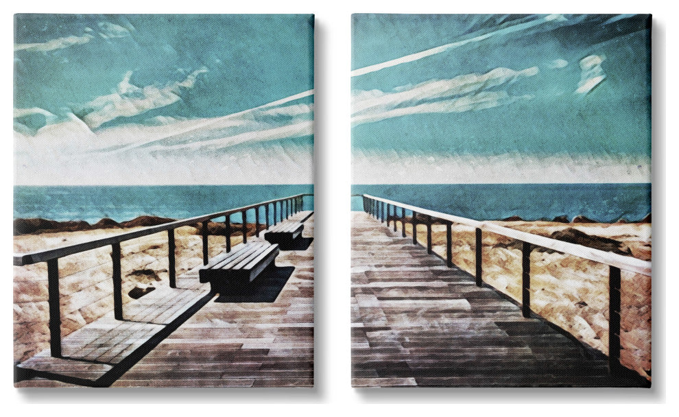 Tranquil Pier Dock Beach Clear Blue Sky Illustration, 2pc, each 24 x 30