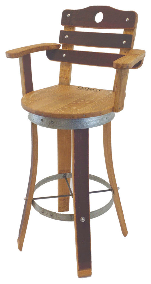 Swivel Top Wine Barrel Bar Stool With Stave Backrest, 30" Sit Height, Inverted Leg Style