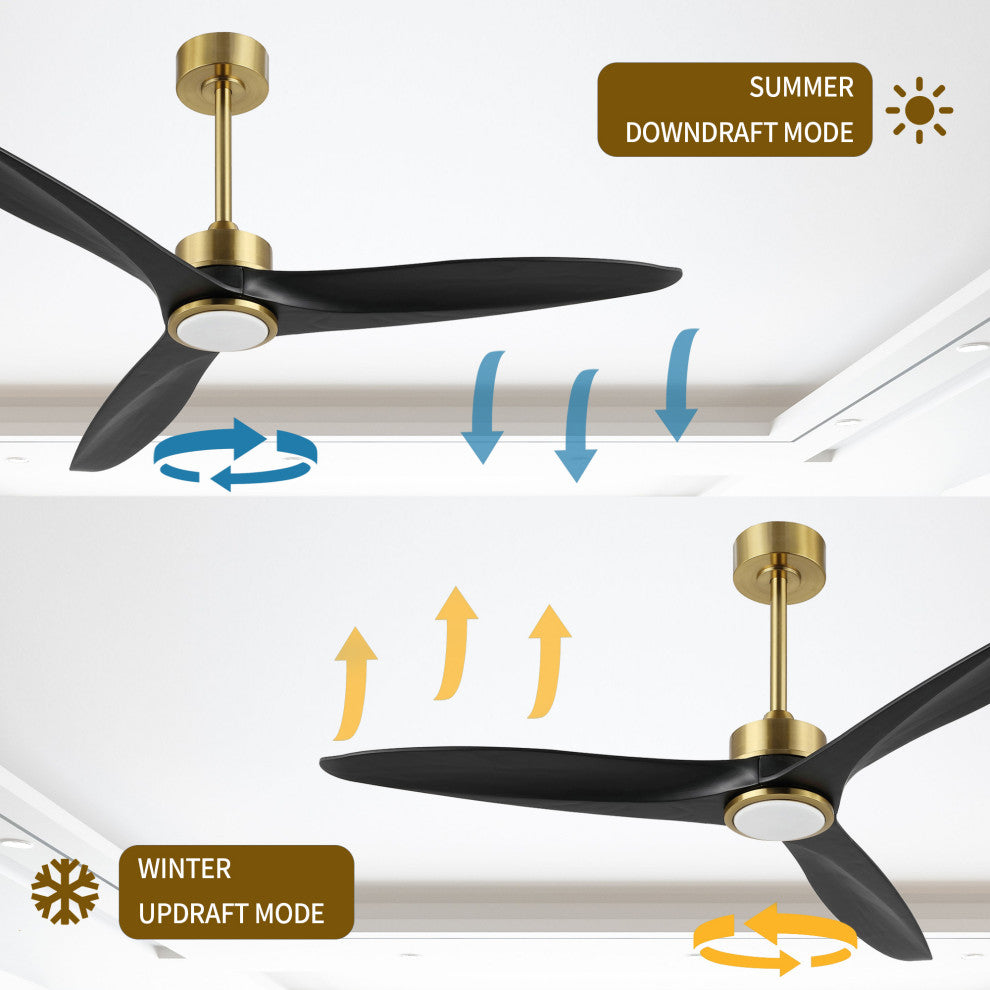 52" Solid Wood 3-Blade LED Ceiling Fan With Remote Control and Light Kit, Gold/Black
