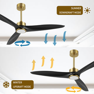 52" Solid Wood 3-Blade LED Ceiling Fan with Remote Control and Light Kit, Gold/Black