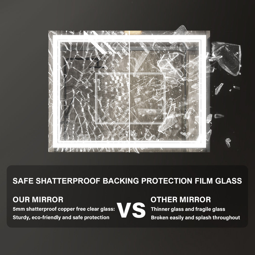 Frameless LED Lighted Bathroom Mirror With Defogger Dimmer, 48"x36"