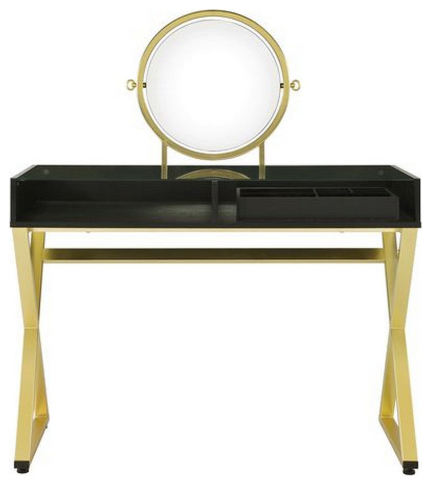 Benzara BM251243 Vanity Desk With Round Mirror & Cross Metal Legs, Black/Gold