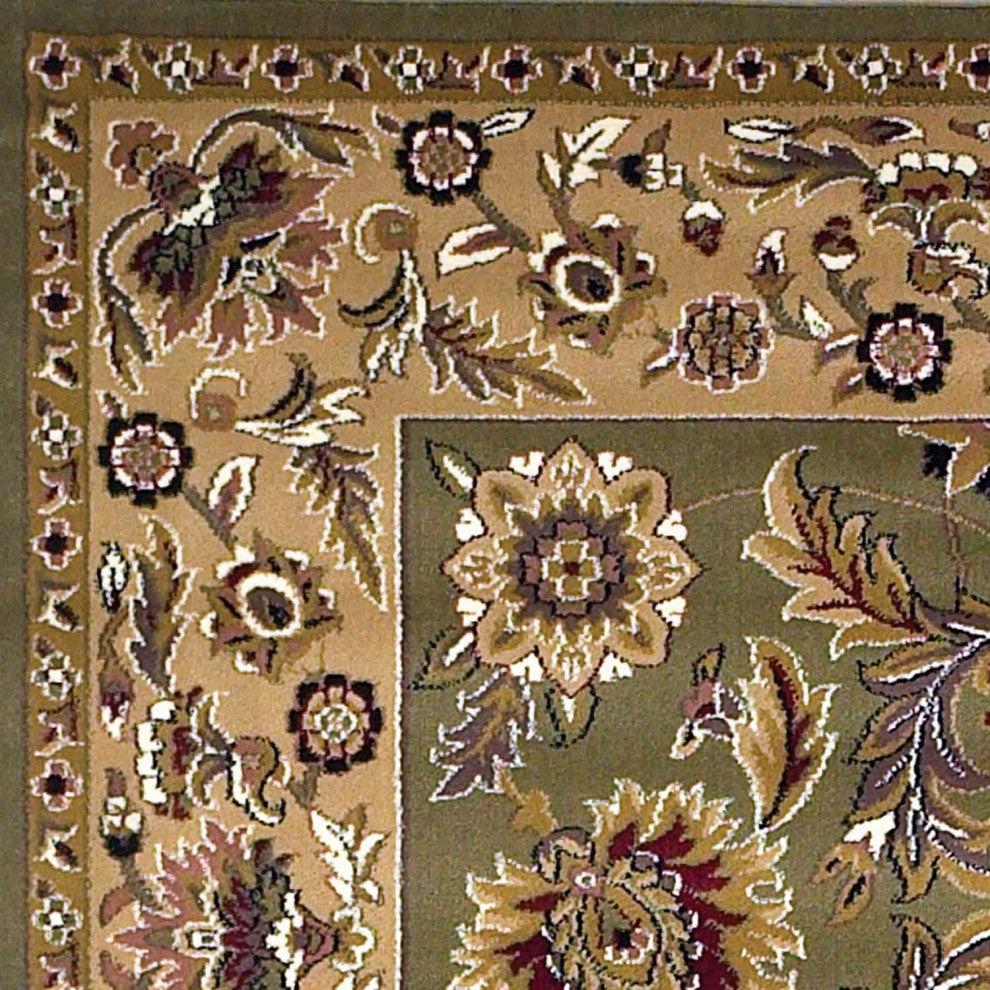 HomeRoots 7' Octagon Green or Taupe Floral Bordered Indoor Area Rug