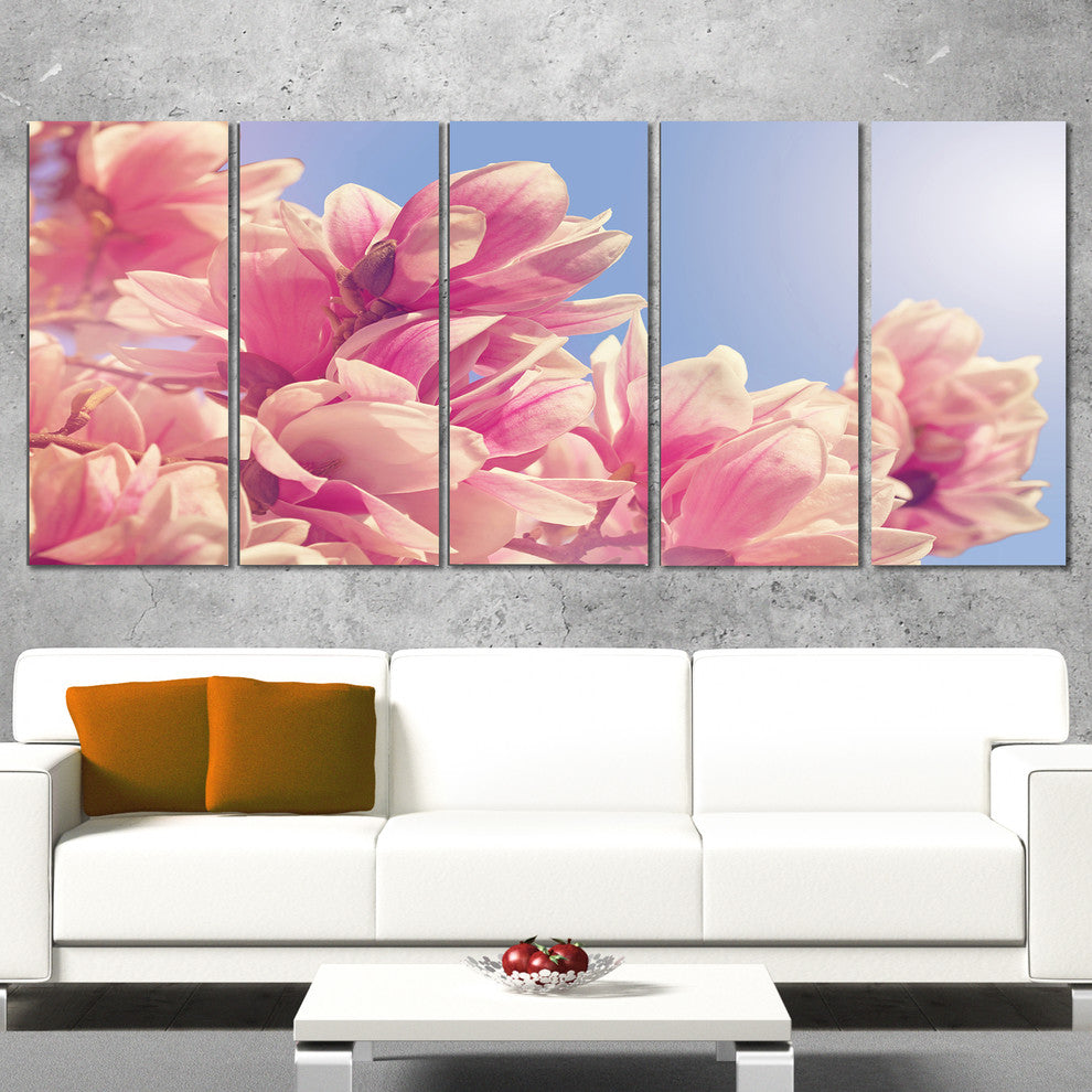 Magnolia Flowers on Sky Background, Floral Canvas Print, 60"x28", 5 Panels