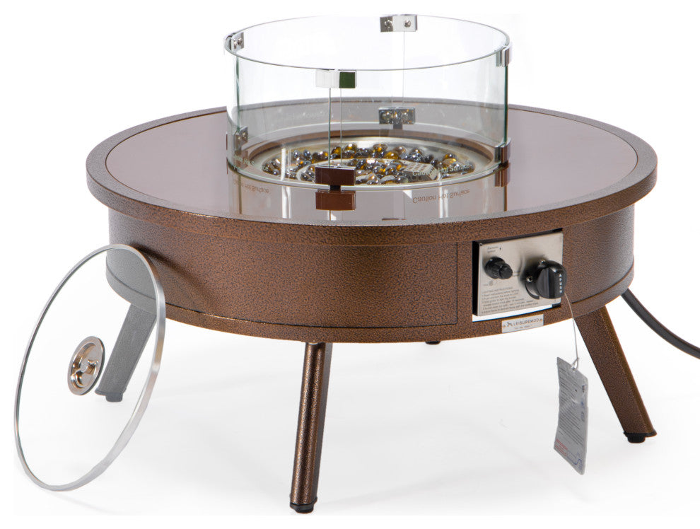 Leisuremod Walbrooke Patio Round Fire Pit Table With Aluminum Frame, Brown