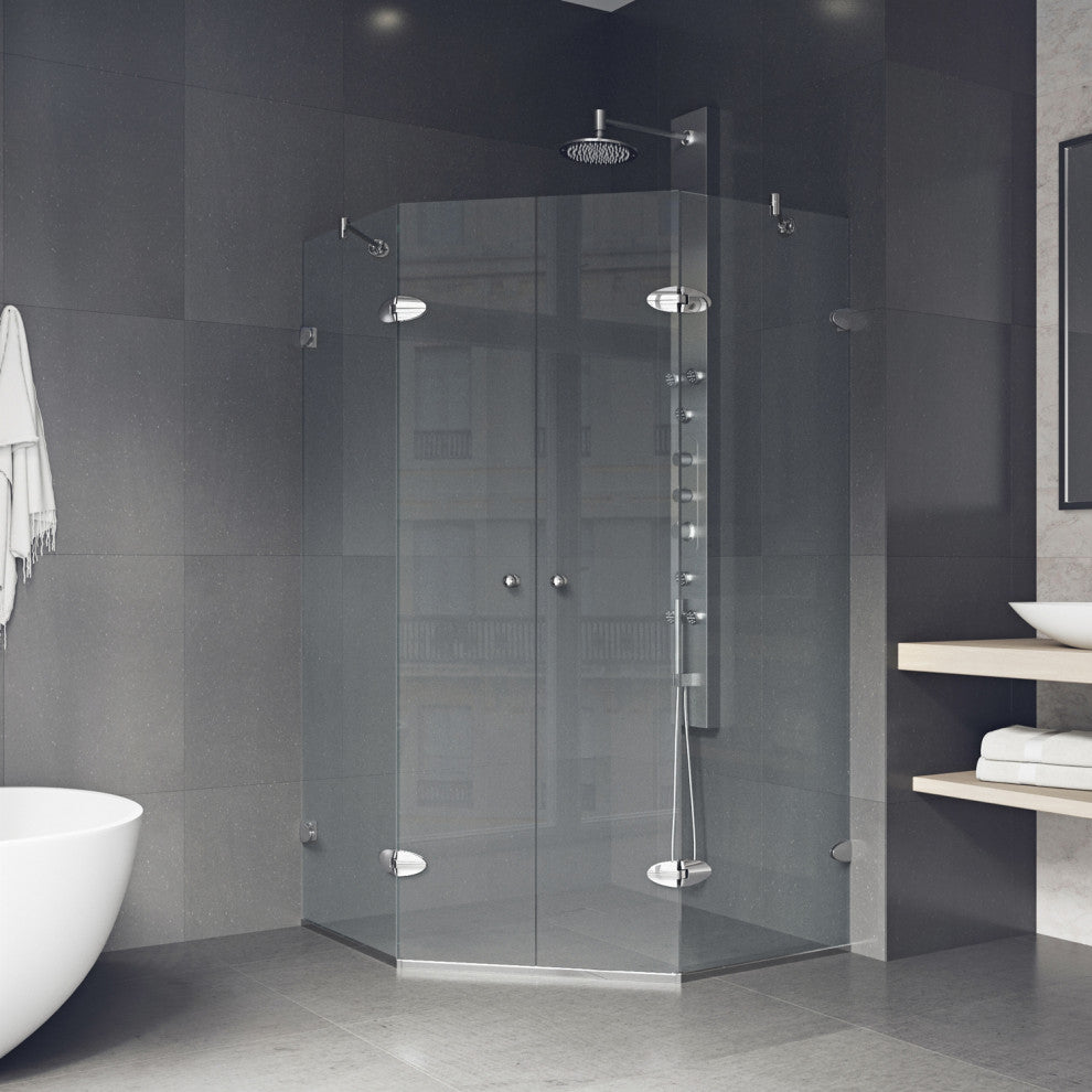 VIGO Gemini Frameless Hinged Neo-Angle Shower Enclosure, Chrome, 48" D X 47" W, Without Base