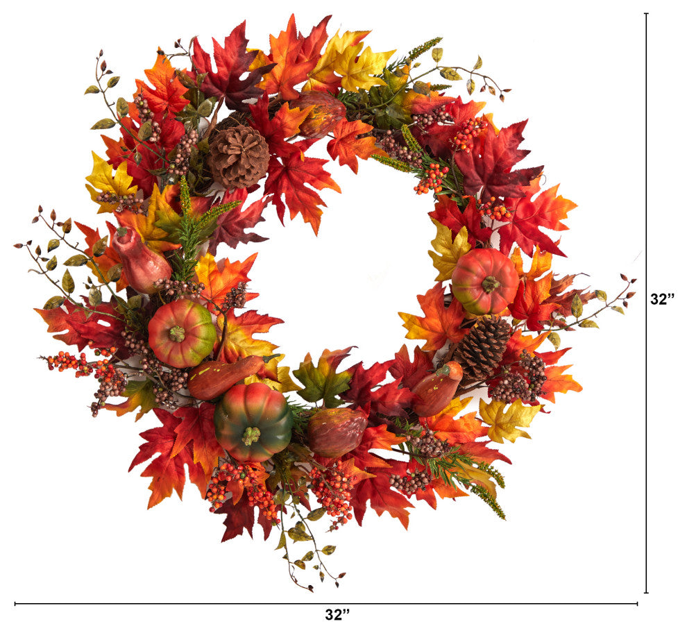 32" Autumn Maple Leaf, Pumpkin and Berries Artificial Fall Wreath