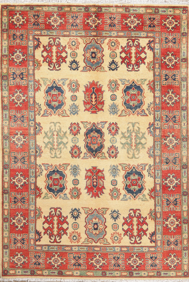 Traditional Kazak Oriental Hand Made Pakistani Area Rug, Beige, 5'10"x4'0