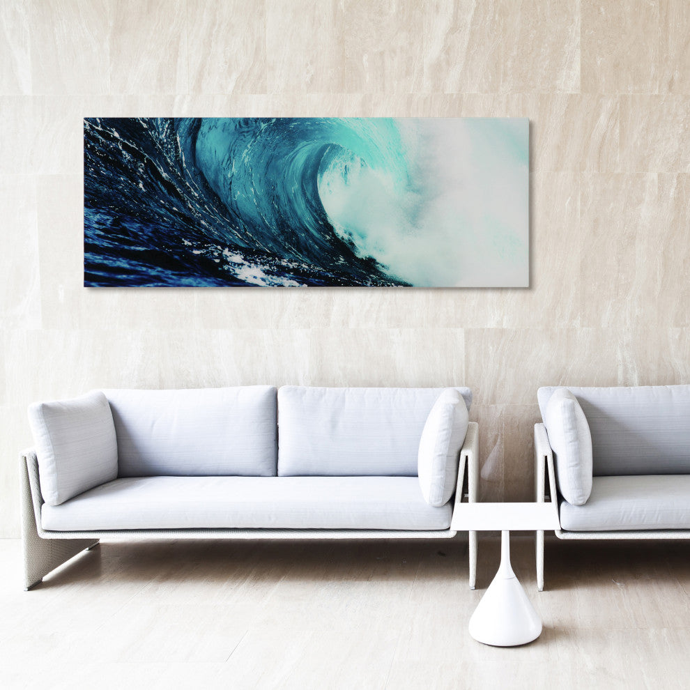 Blue Wave Wall Art Frameless Tempered Glass Contemporary Artwork 24" x 63"