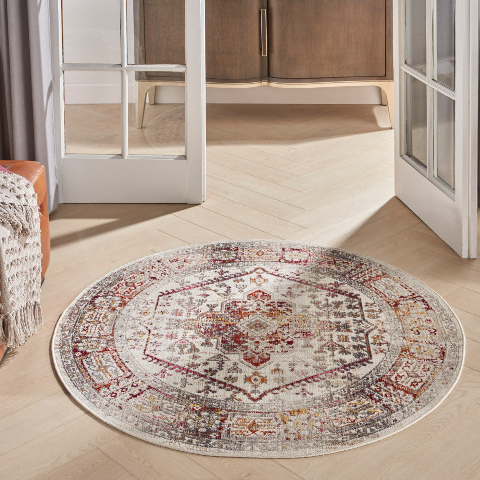 Nourison Vintage Kashan 4' x Round Ivory Red Vintage Indoor Area Rug