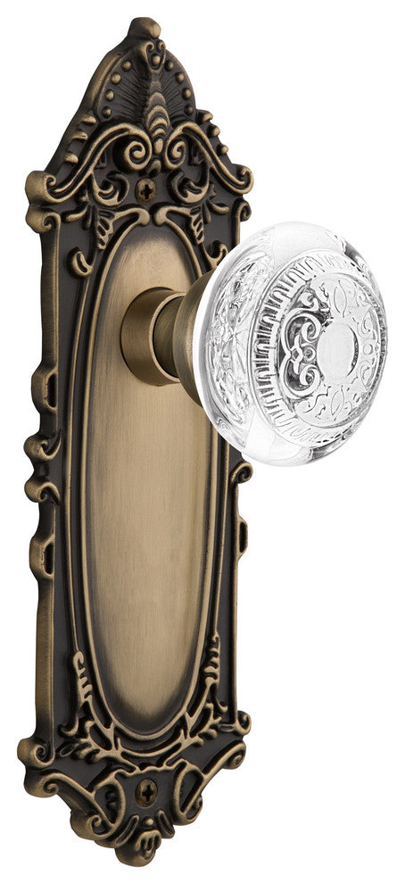 Victorian Plate Privacy Crystal Egg and Dart Knob, Antique Brass, 2.375"