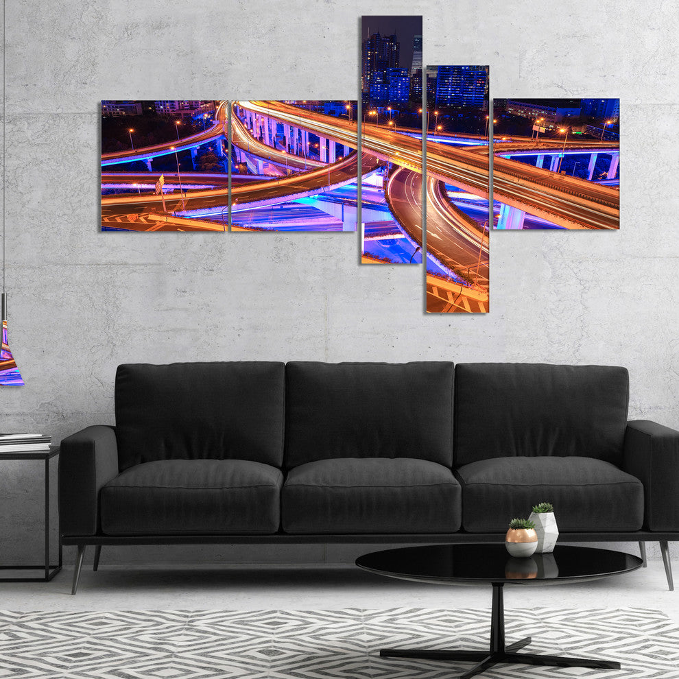 Colorful City Overpass at Night, Cityscape Canvas Art Print, 60"x32", 5 panels