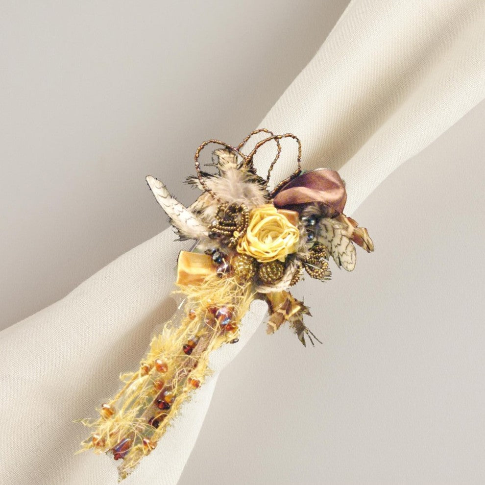 Light Gold Feathers and Ribbons Napkin Rings, Set of 4