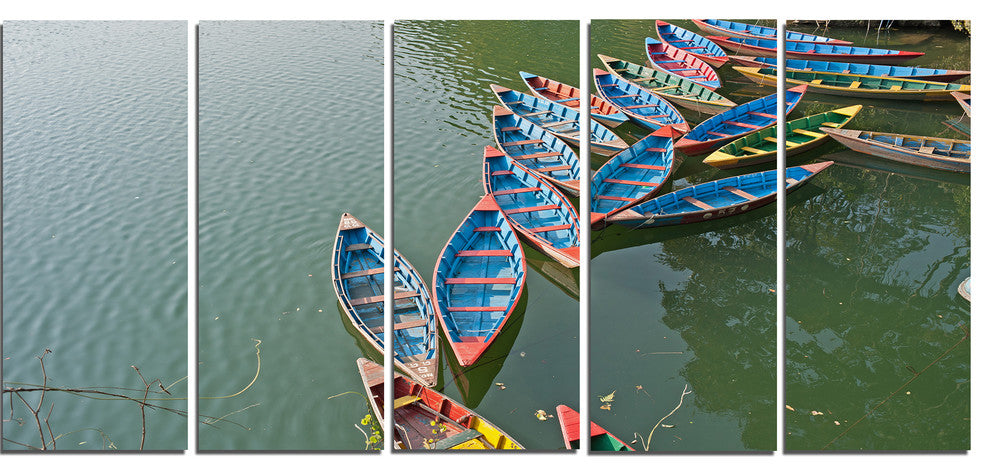 Phewa Lake in Pokhara Nepal, Boat Canvas Art Print, 60"x28", 5 Panels