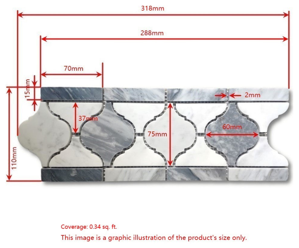 Carrara White Marble Border Tile Arabesque Baroque Listellos Polished, 1 sheet