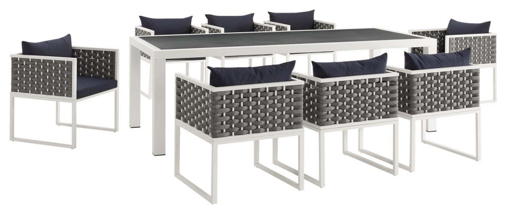 White Navy Stance 9 Piece Outdoor Patio Aluminum Dining Set