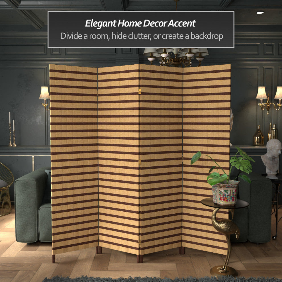 6' Tall Two Tone Natural Fiber Room Divider, 4 Panel