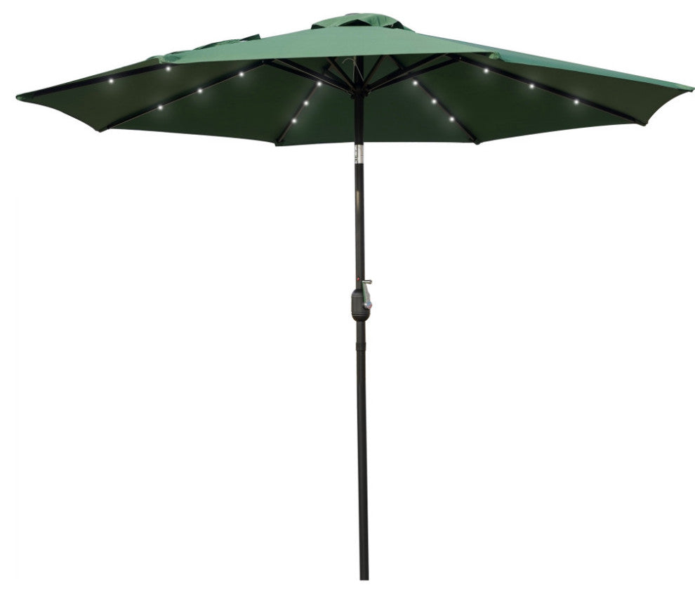 LeisureMod Sierra Modern 9' Market Patio Umbrella With Solar Powerd LED, Green