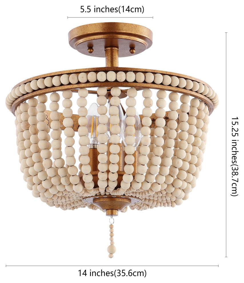 Allie 14" 3-Light Farmhouse Wood Bead/Iron LED Semi Flush Mount, Gold/Taupe