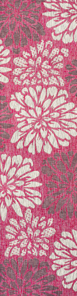 Zinnia Modern Floral Textured Weave Indoor/Outdoor, Fuchsia/Light Gray, 2x8