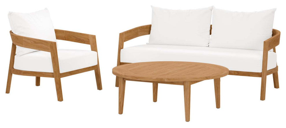 Sectional Sofa Chair Table Set, White Natural, Teak Wood, Modern, Outdoor Patio
