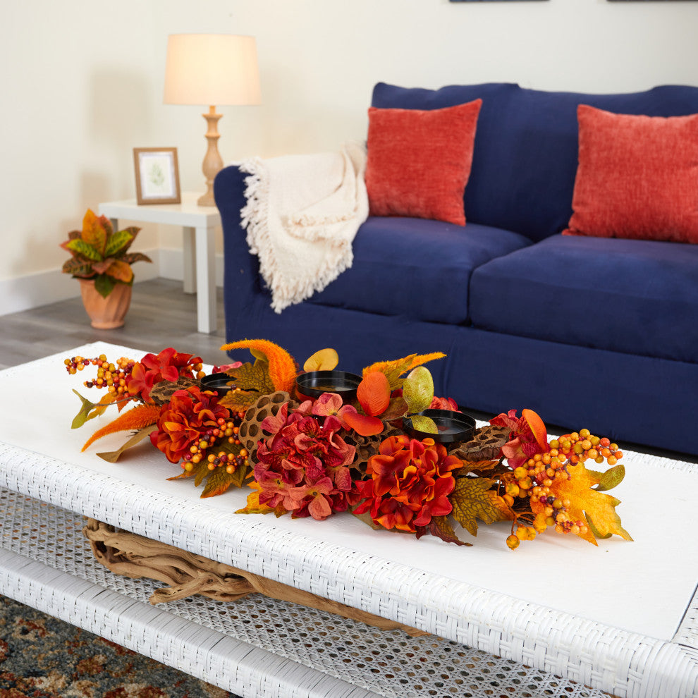 32" Fall Hydrangea, Lotus Seed and Berries Artificial Candelabrum Arrangement
