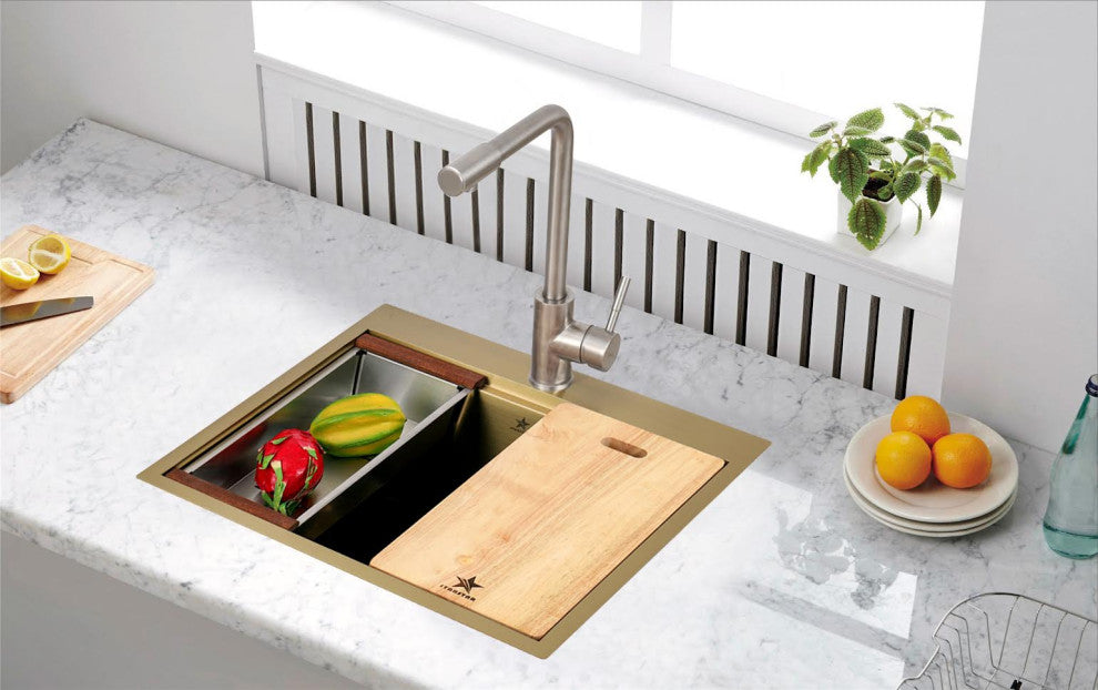 Workstation Top Mount/Drop-in Matte Stainless Steel Sink, Gold, 25x22x10
