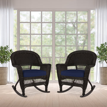 Jeco Rocker Wicker Chair in Espresso with Blue Cushion (Set of 2) Brown