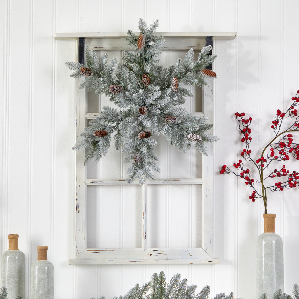 30" Pre-Lit Flocked Snowflake Dunhill Fir Wreath With Pinecones & 40 LED Lights