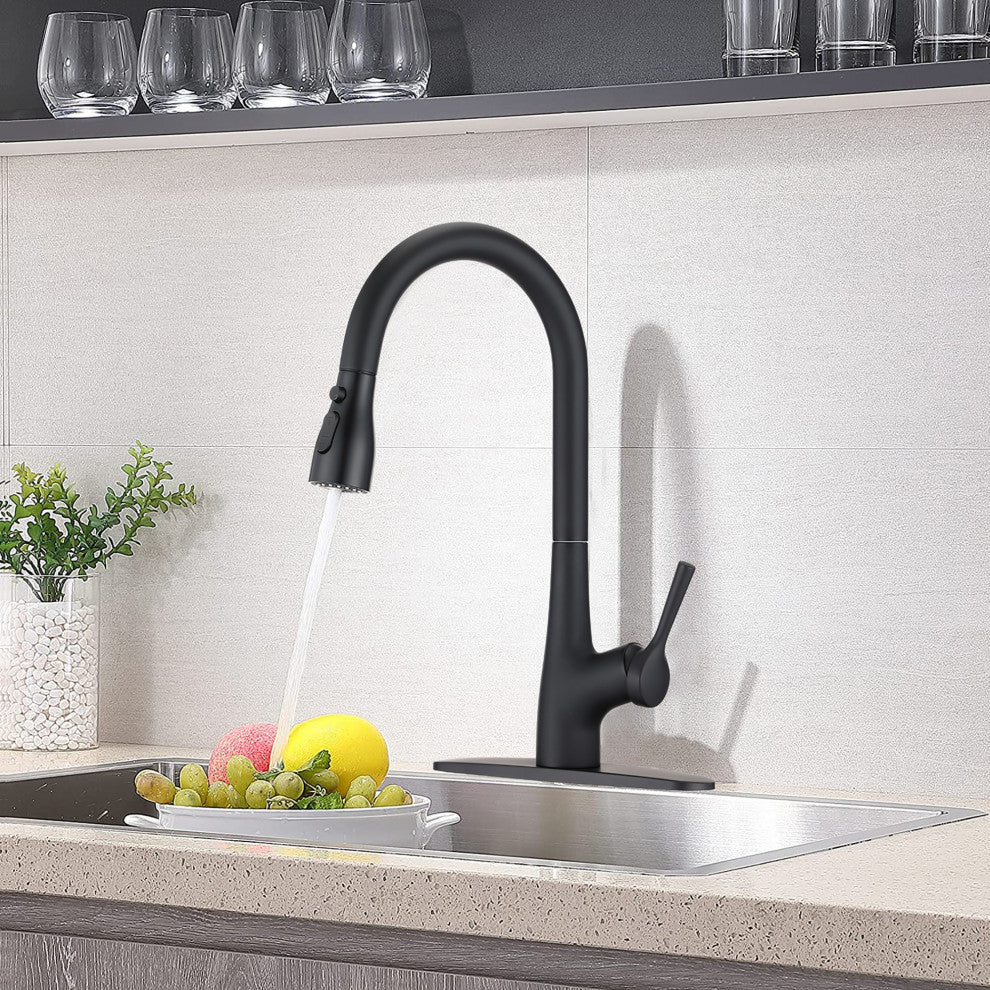 Single Handle Deck Mounted Pull Down Kitchen Faucet , Matte Black